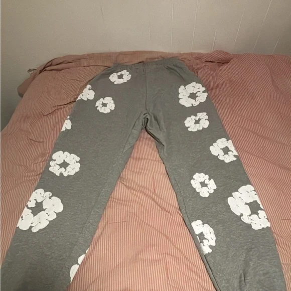 Gray Pants with White Floral Pattern Sweatpants & Joggers